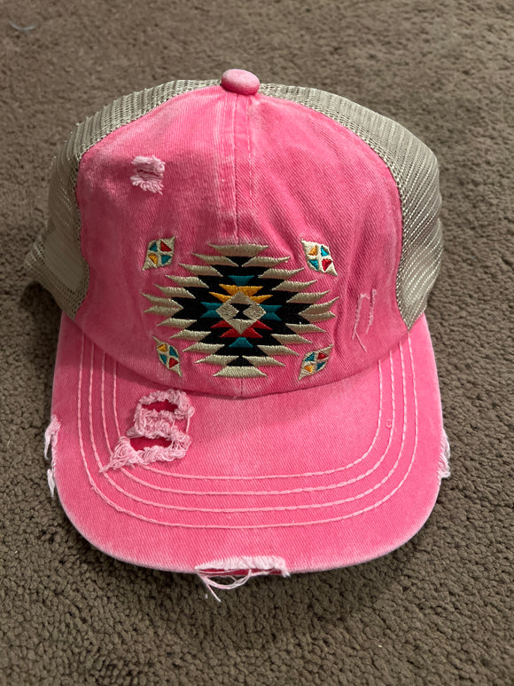 Pink Aztec Criss Cross High Pony Baseball Hat