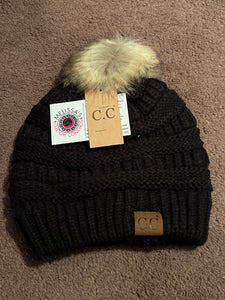 Black Knit Beanie with Fur Pom