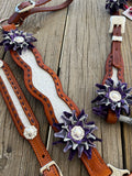 White Gator Tack set with Purple Buckstitch & Flowers