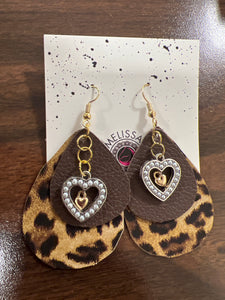 Heart Cheetah Leather Earrings