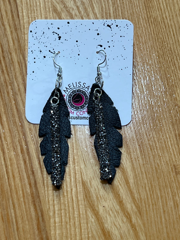 Black Feather Leather charm Earrings