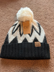 Chevron Beanie with Fur Pom