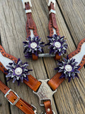 White Gator Tack set with Purple Buckstitch & Flowers