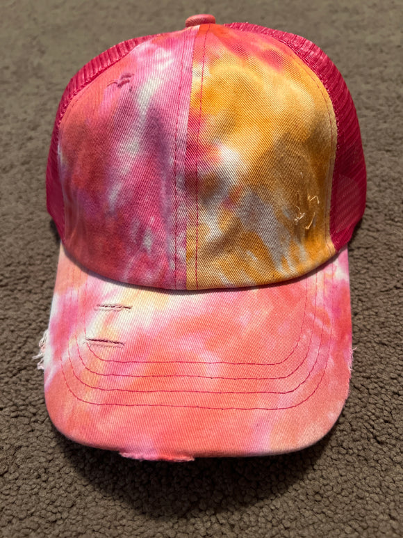 Hot Pink/Orange Tie Dye Criss Cross High Pony Baseball Hat