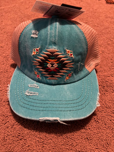 Turquoise Aztec Criss Cross High Pony Baseball Hat