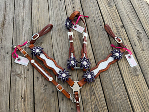 White Gator Tack set with Purple Buckstitch & Flowers