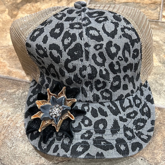 Gray Cheetah Criss Cross High Pony Baseball Hat with flower