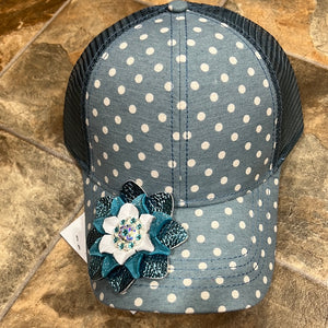 Denim Polka Dot Baseball Hat with flower