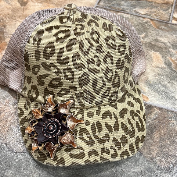 Cheetah Criss Cross High Pony Baseball Hat with flower