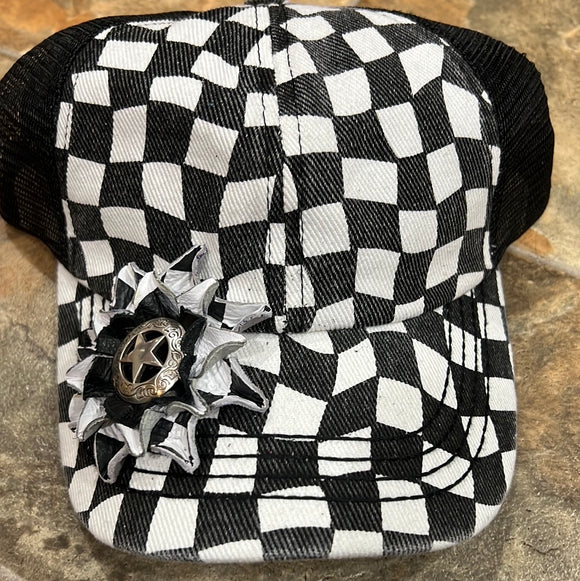 Checkered Criss Cross High Pony Baseball Hat with flower