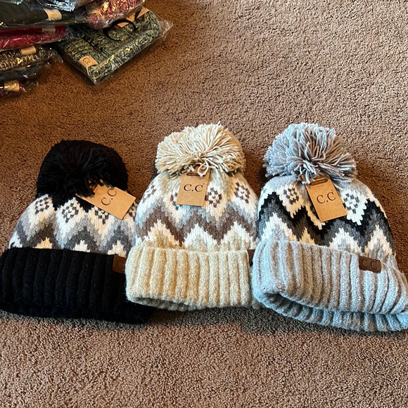 Aztec Chevron Knit Pom Beanie with fuzzy lining