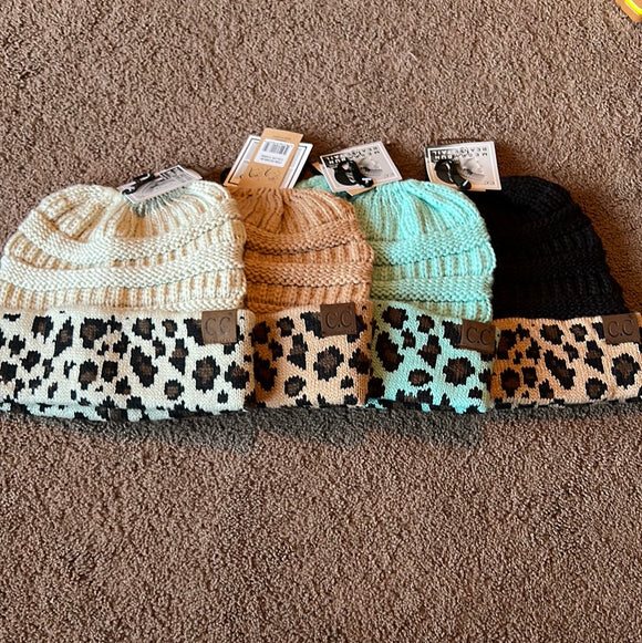 Leopard Cuff Messy Bun/Pony Tail Beanie