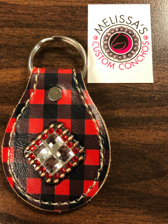 Red & Black Plaid leather keychain