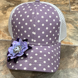 Purple Polka Dot Baseball Hat with flower