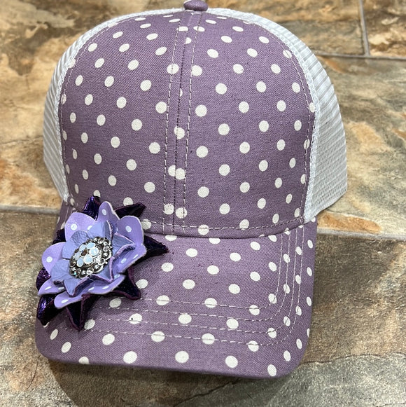 Purple Polka Dot Baseball Hat with flower